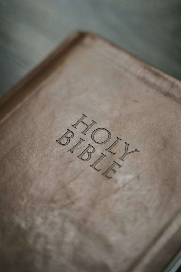 Detailed close-up shot of an antique Holy Bible cover, highlighting texture and design.
